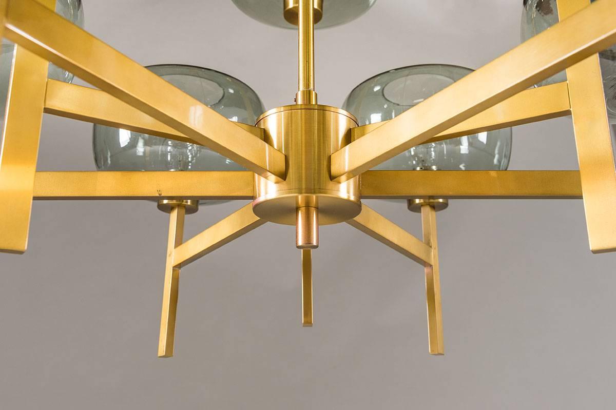 Scandinavian Modern Five Swedish Chandeliers in Brass and Glass by Holger Johansson For Sale