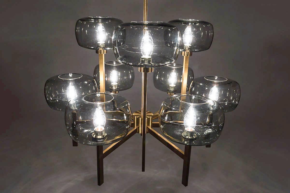 Five Swedish Chandeliers in Brass and Glass by Holger Johansson For Sale 2