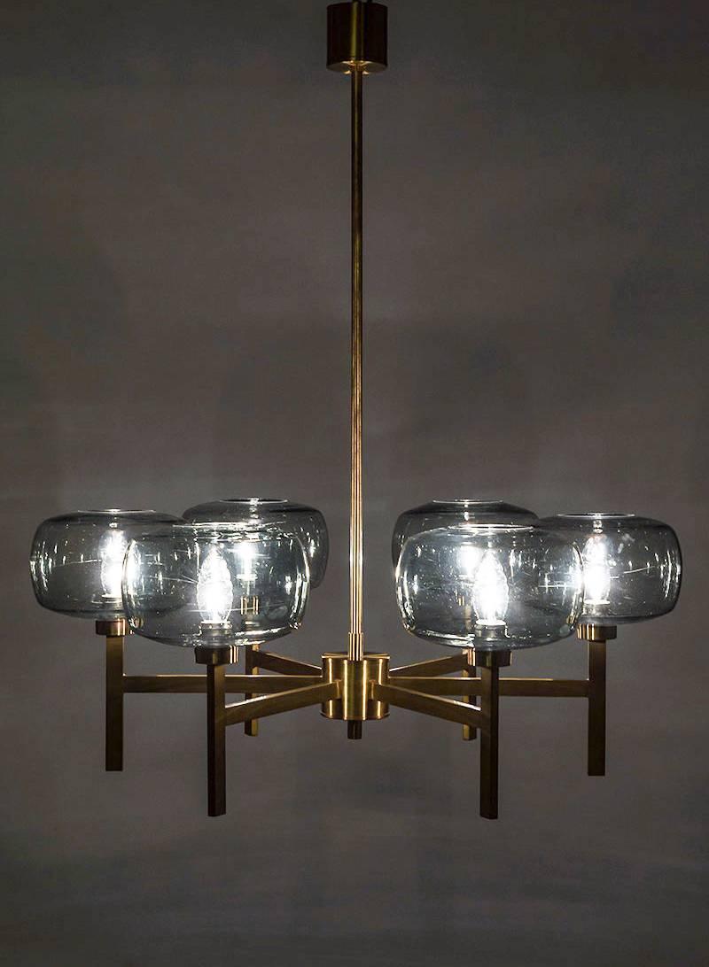 Large Swedish Chandelier in Brass and Glass by Holger Johansson 1