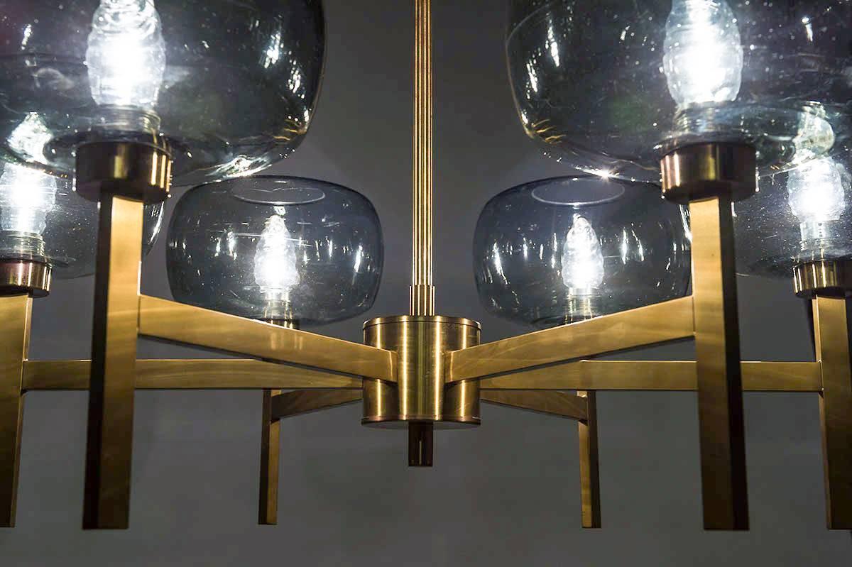 Large Swedish Chandelier in Brass and Glass by Holger Johansson 2