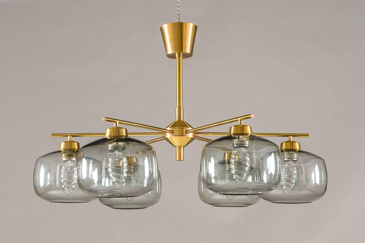 Scandinavian Modern Pair of Swedish Chandeliers in Brass and Glass by Holger Johansson