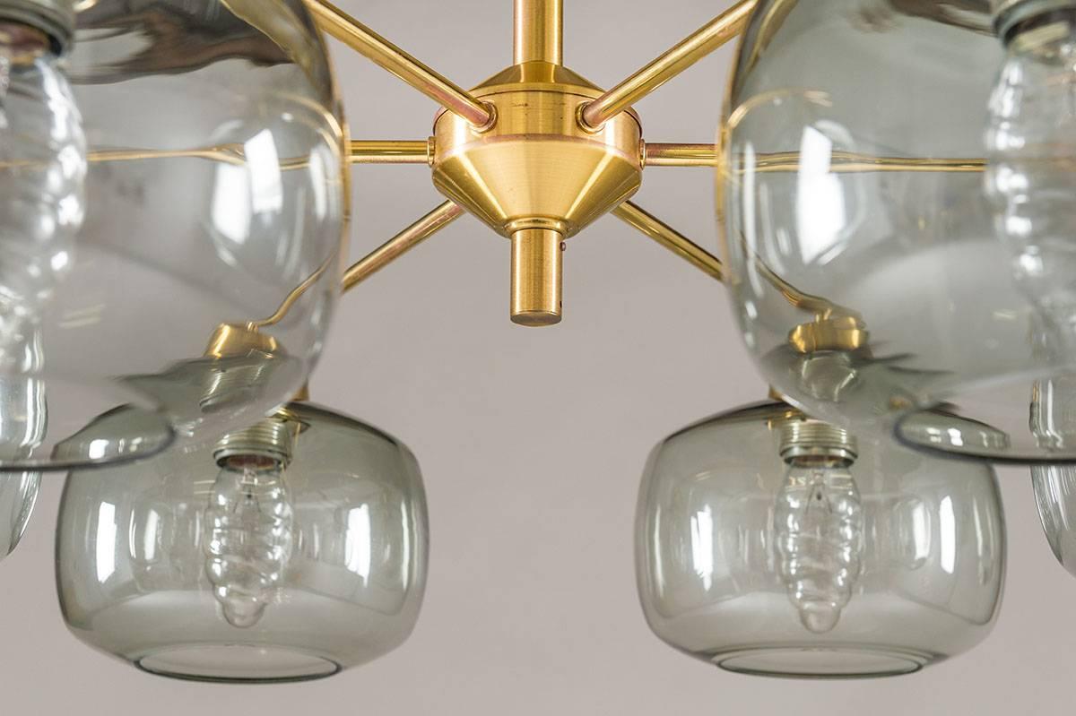 20th Century Pair of Swedish Chandeliers in Brass and Glass by Holger Johansson