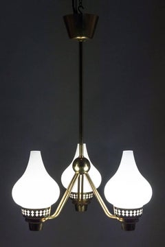 Swedish Chandelier in Brass and Opaline Glass by Hans Bergström for ASEA