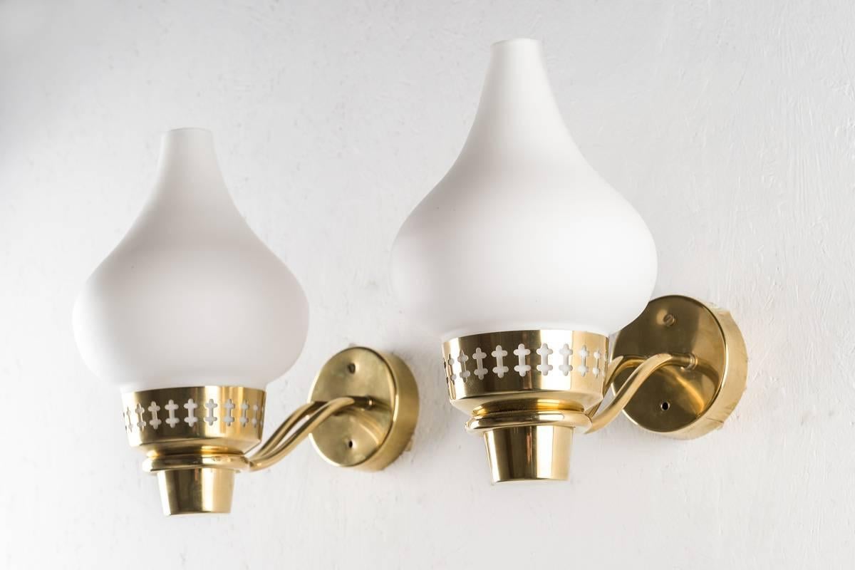 20th Century Swedish Wall Lamps in Brass and Opaline Glass by Hans Bergström for ASEA