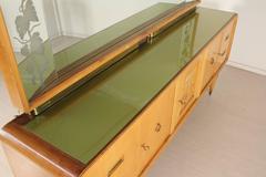 Mid-Century Italian Sideboard with Decorated Mirror Teak, Carved Maple, Glass