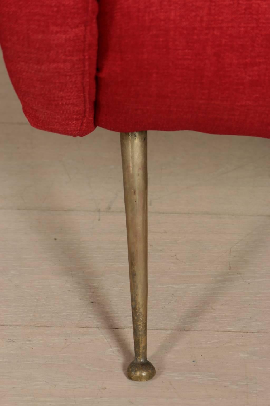 Mid-Century Italian Armchair Foam Padding, Fabric Upholstery, Brass Legs  2