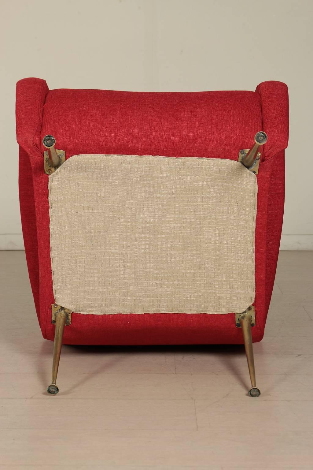 Mid-Century Italian Armchair Foam Padding, Fabric Upholstery, Brass Legs  4