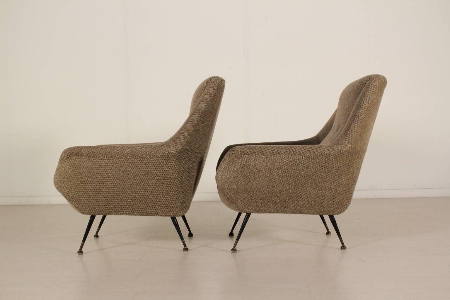 Mid-Century Modern Two 1950s Armchairs Foam Padding Fabric Upholstery Metal Legs Brass Tips