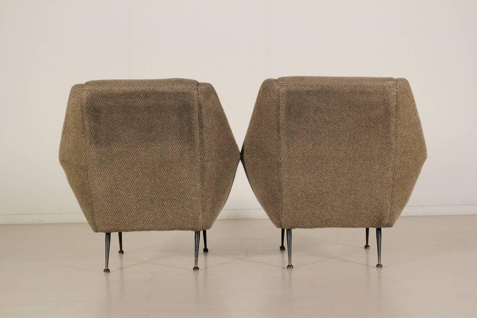 Two 1950s Armchairs Foam Padding Fabric Upholstery Metal Legs Brass Tips In Good Condition In Milano, IT