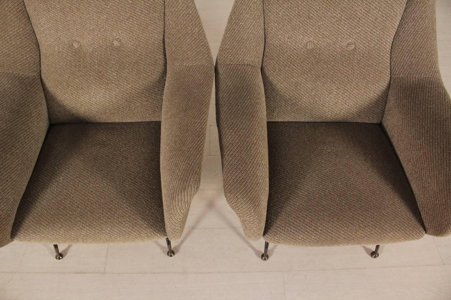 Italian Two 1950s Armchairs Foam Padding Fabric Upholstery Metal Legs Brass Tips