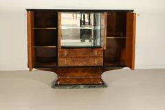 Bar Cabinet Burl Veneer Back-Painted and Screen-Printed Glass Marble, 1940s