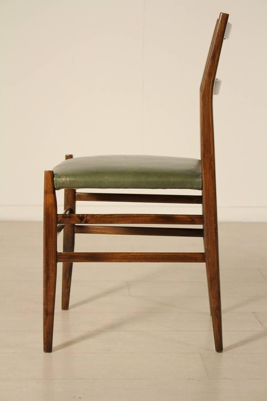 Mid-Century Modern Group Four Chairs by Gio Ponti Stained Ash Wood Leatherette Seat, Italy, 1950s