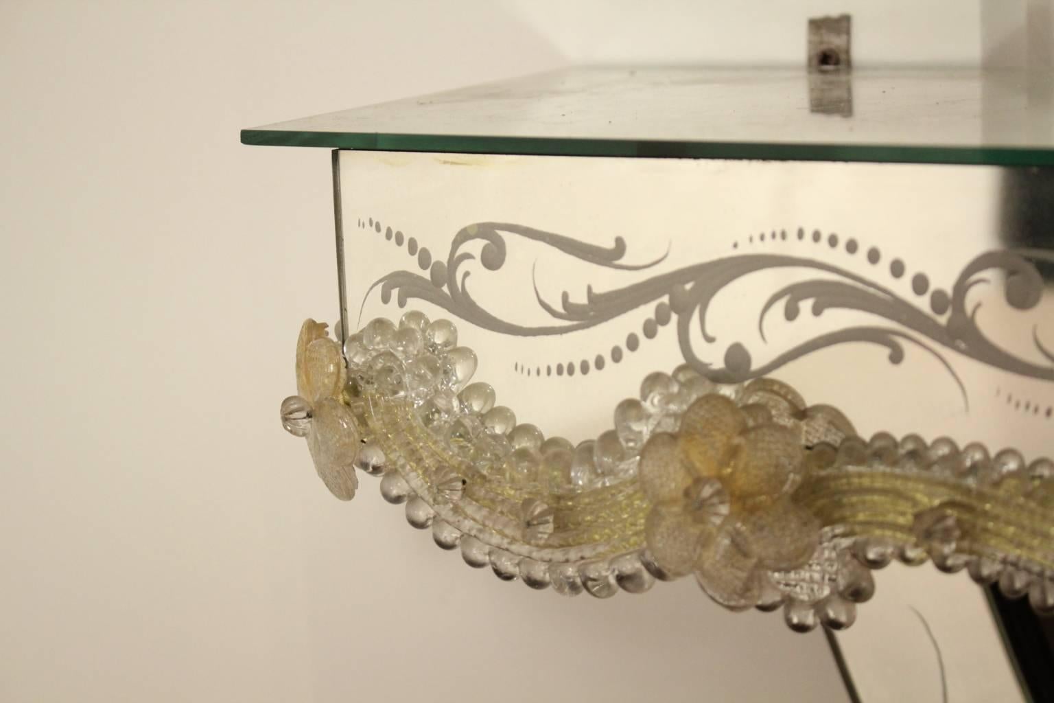 Mid-Century Modern Console with Mirror in the Style of Brusotti with Blown Glass Decorations, 1950s