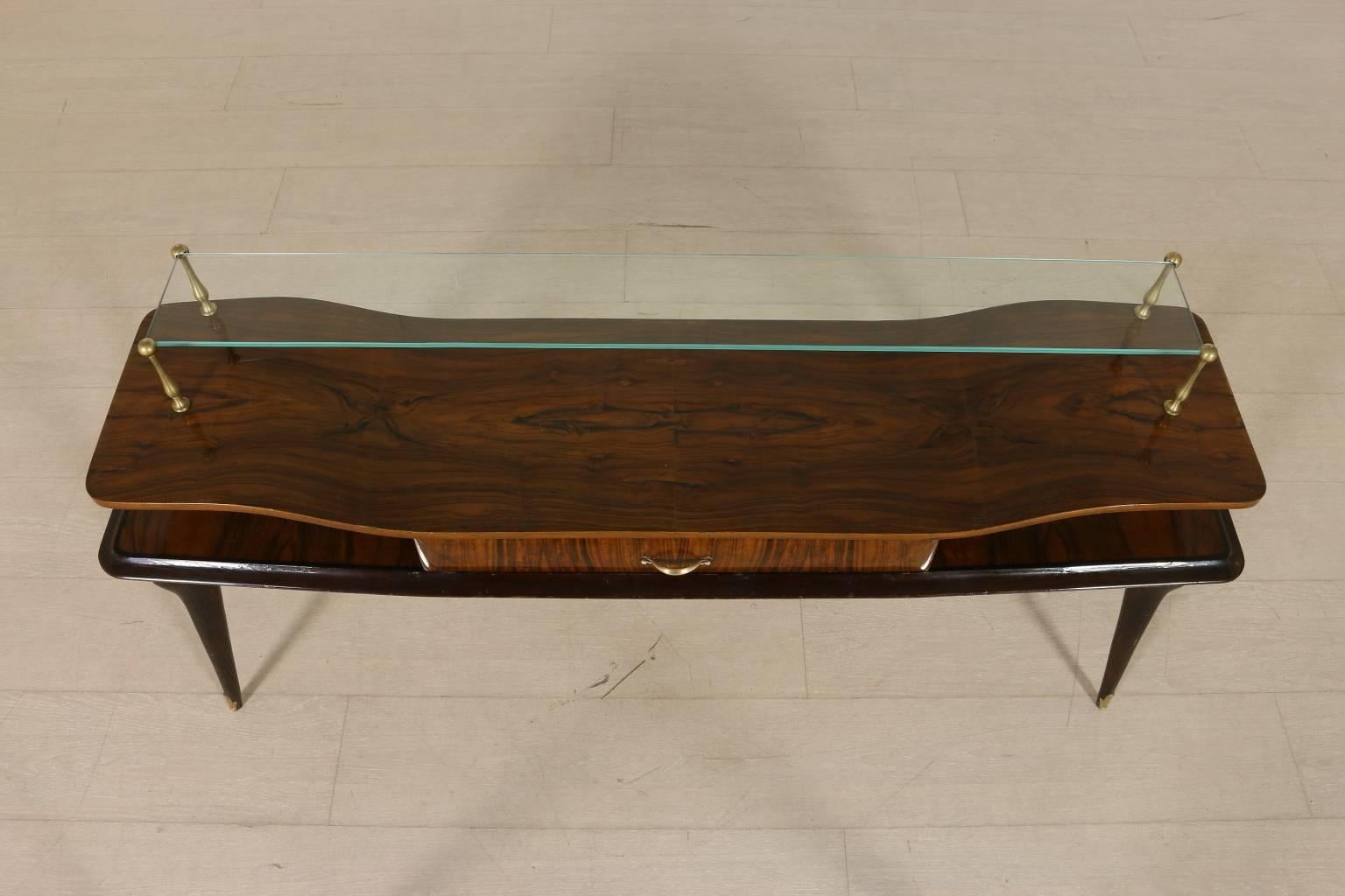 Graceful Console Rosewood Veneer Ebony Stained Wood Glass Brass, Italy, 1950s 3