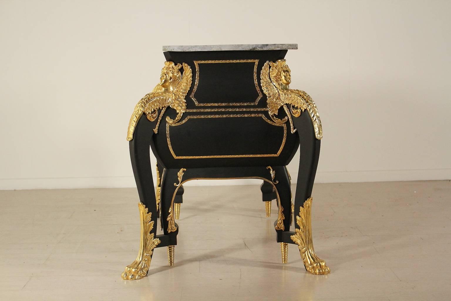 Ebonized 20th Century Ebonised Wood Brass Marble Chest of Drawers in the Style of Boulle