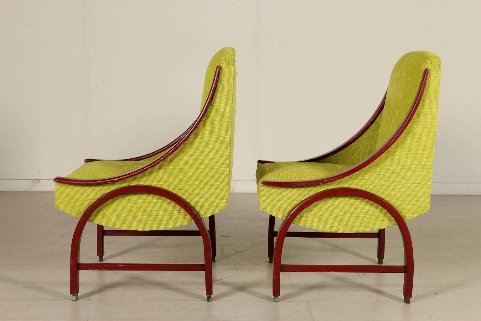 Italian Two Armchairs Lacquered Bentwood Foam Padding Fabric Upholstery Vintage, 1960s