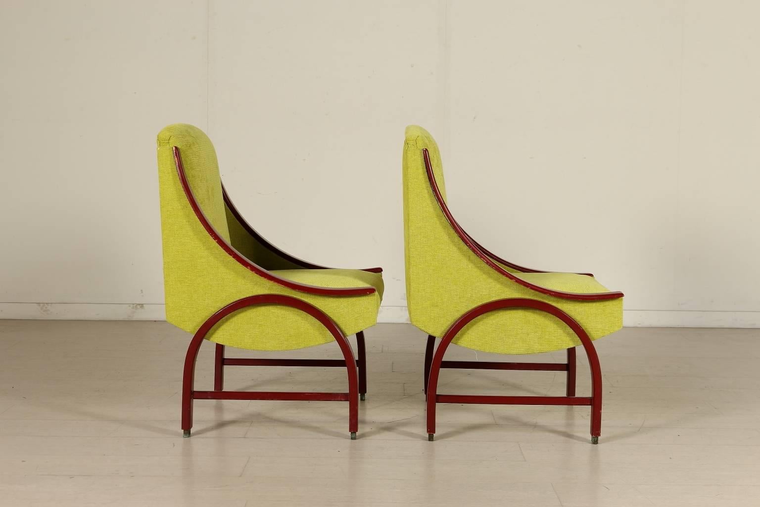 20th Century Two Armchairs Lacquered Bentwood Foam Padding Fabric Upholstery Vintage, 1960s