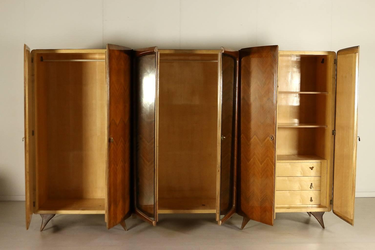 Mid-Century Modern Wardrobe with Six Doors Mahogany Rosewood Veneer, Vintage Italy, 1950s