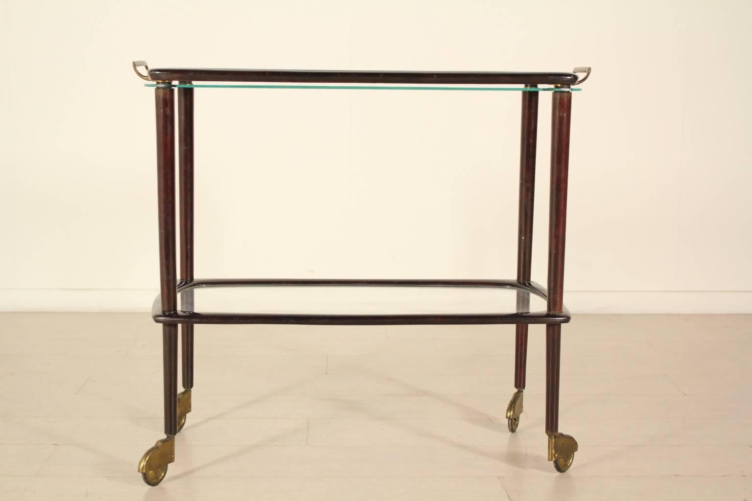 Mid-Century Modern Service Cart with Removable Tray Stained Wood Glass Brass, Italy, 1950s