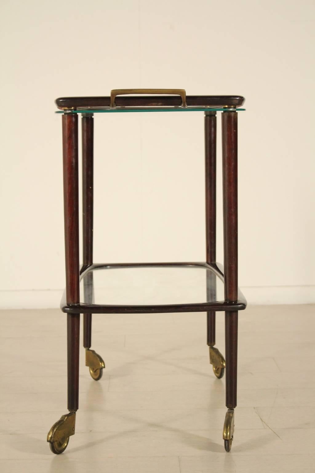 Italian Service Cart with Removable Tray Stained Wood Glass Brass, Italy, 1950s