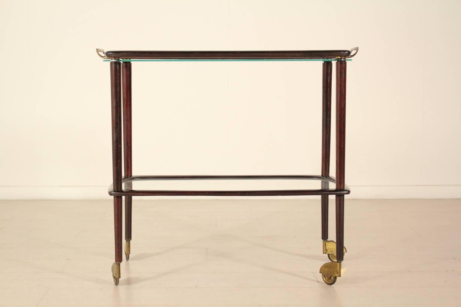 20th Century Service Cart with Removable Tray Stained Wood Glass Brass, Italy, 1950s