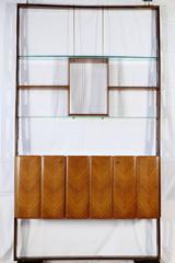 Floor-to-Ceiling Bookcase Mahogany Teak Veneer Glass Brass Vintage, Italy, 1950s