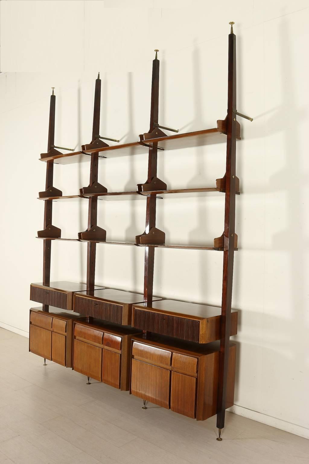 Mid-Century Modern Floor-to-Ceiling Bookcase Teak Veneer Mahogany Brass Vintage, Italy, 1950s-1960s