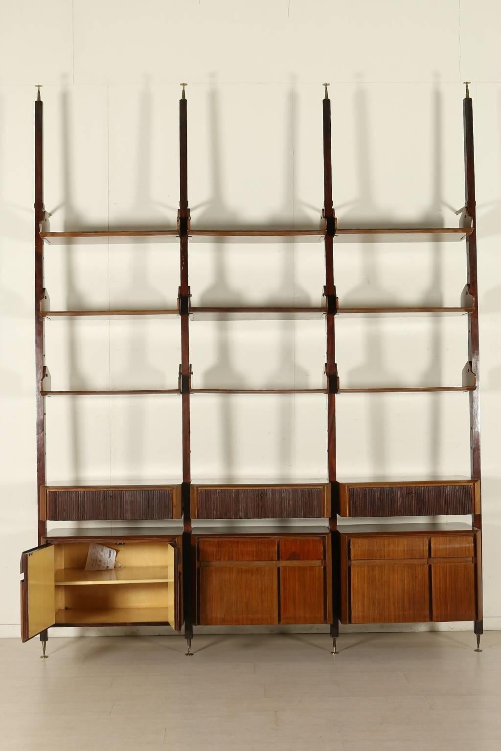 Mid-20th Century Floor-to-Ceiling Bookcase Teak Veneer Mahogany Brass Vintage, Italy, 1950s-1960s