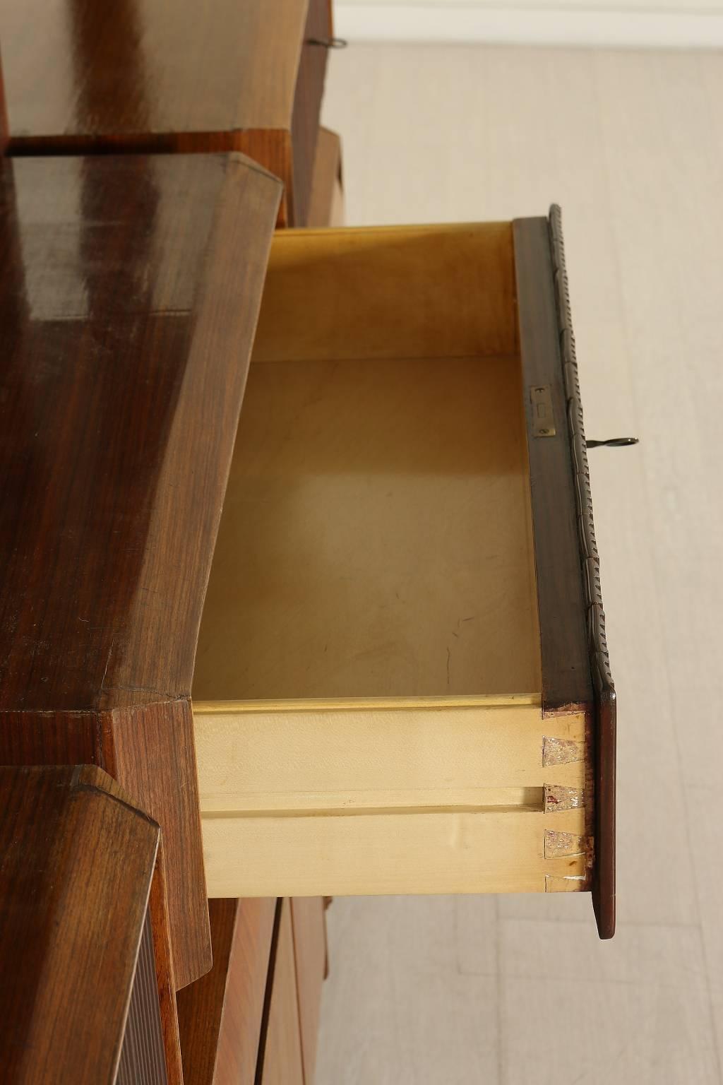 Floor-to-Ceiling Bookcase Teak Veneer Mahogany Brass Vintage, Italy, 1950s-1960s 3