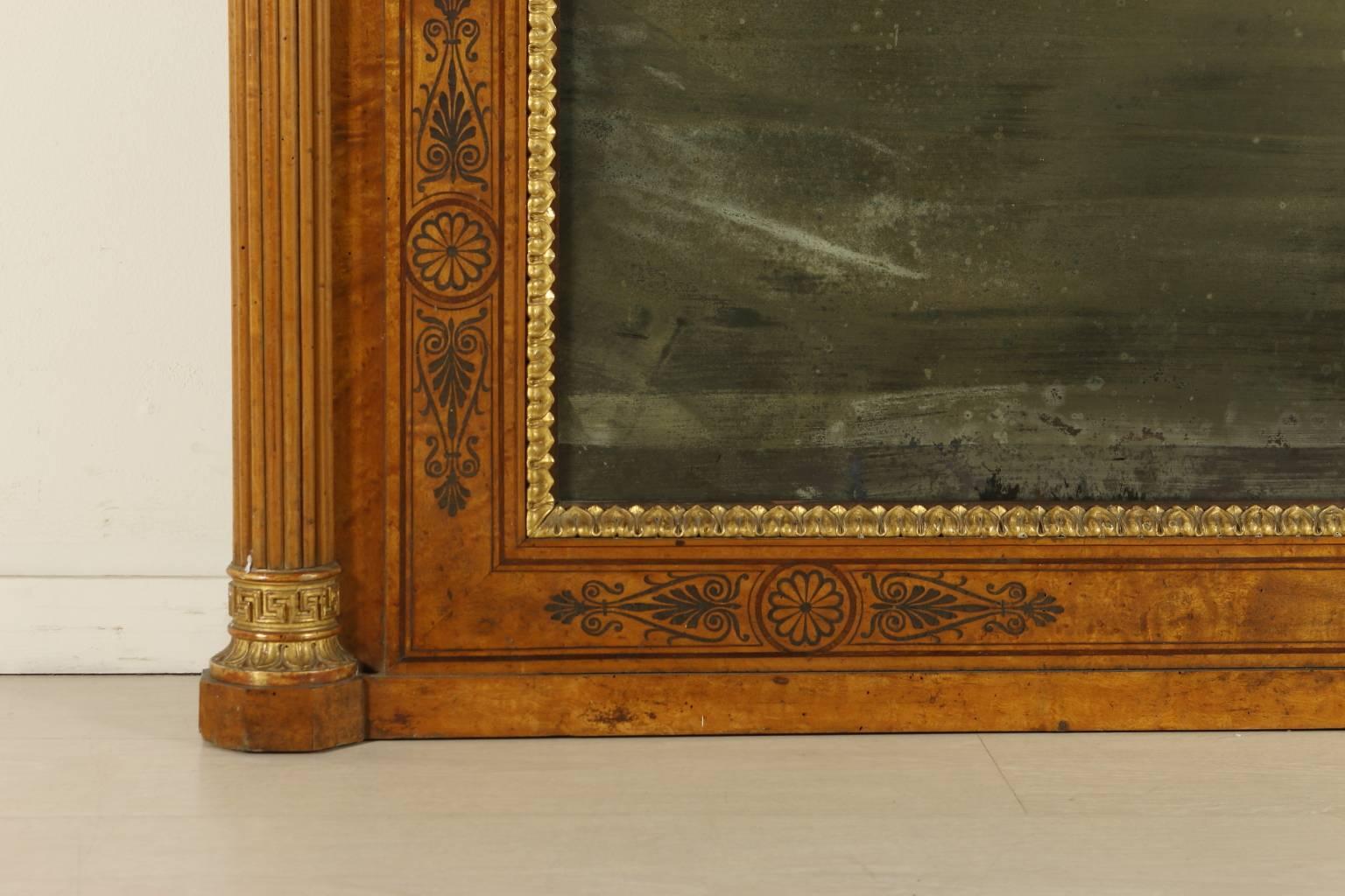 Restauration 19th Century Restoration Maple Carved Inlaid Gilded Mirror Italy Piemonte