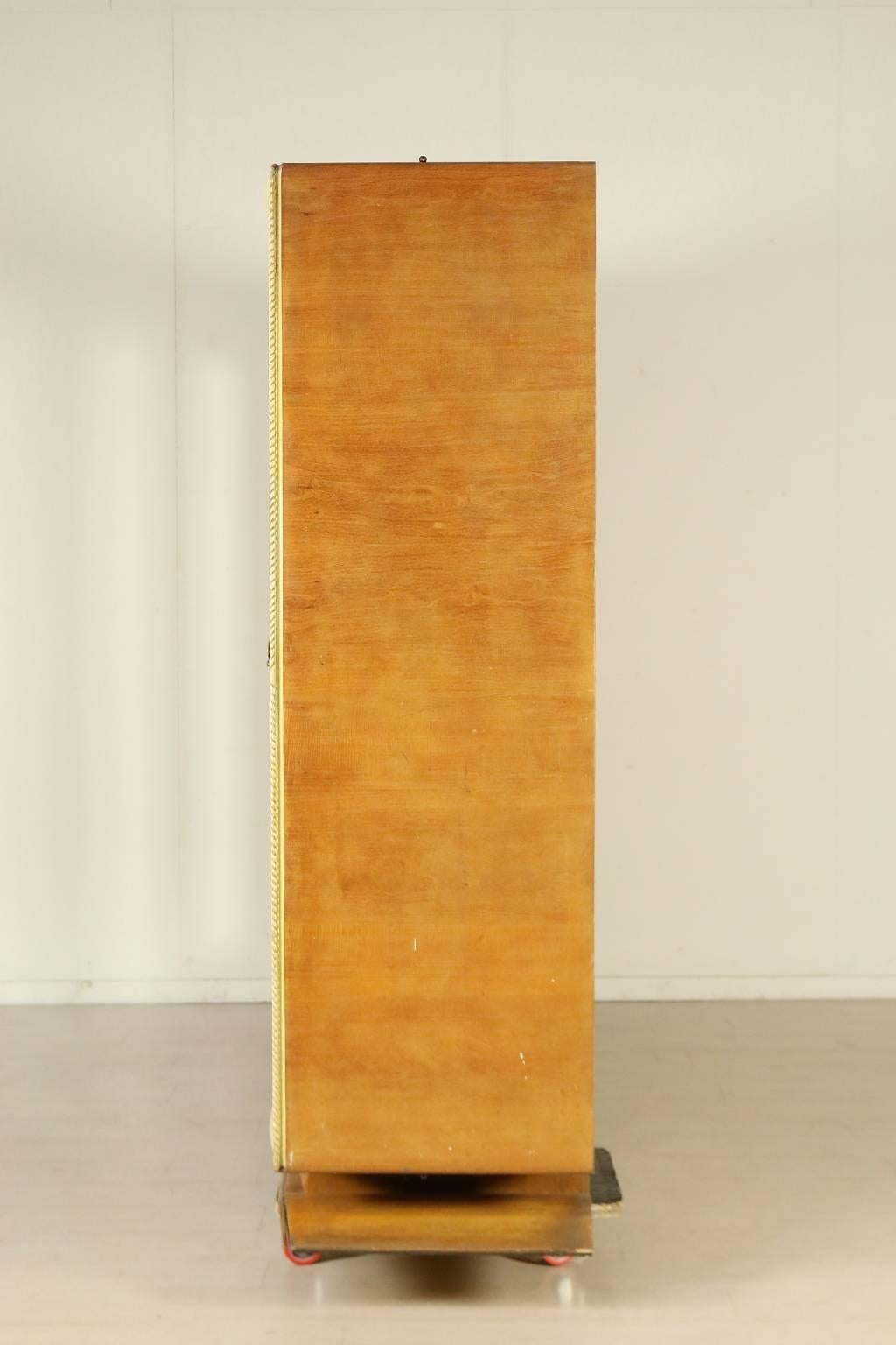 Mid-Century Modern Wardrobe Burl Veneer Carved and Lacquered Brass Vintage, Italy, 1930s