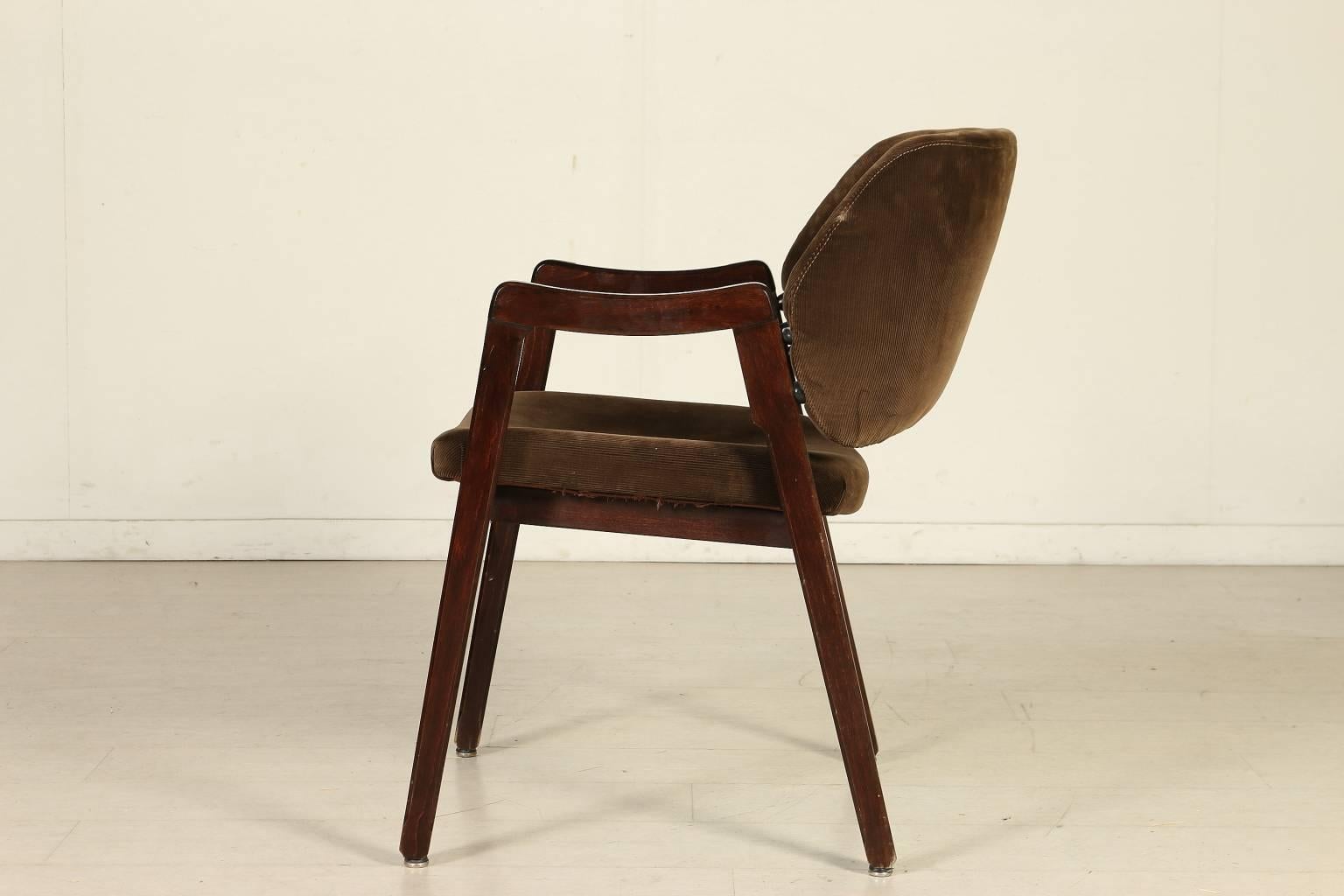 Mid-Century Modern Chair by Ico Parisi for Cassina Rosewood Foam Velvet Vintage, Italy, 1960s