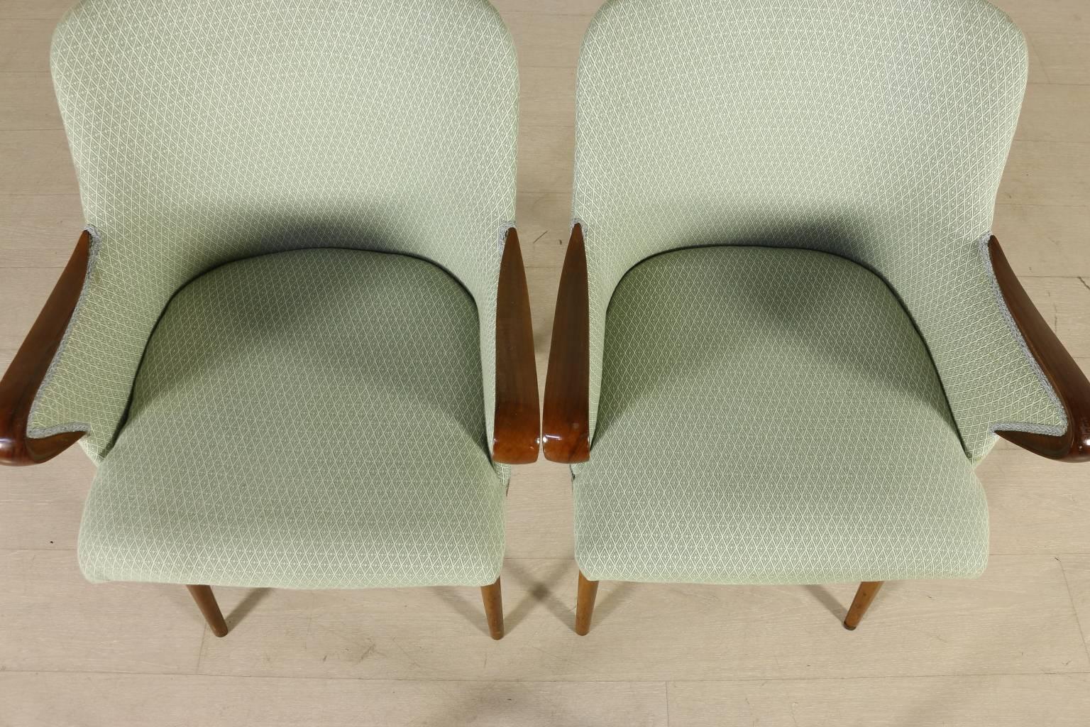 Italian Two Chairs by Osvaldo Borsani for Tecno Foam Fabric Stained Beech Vintage, 1950s