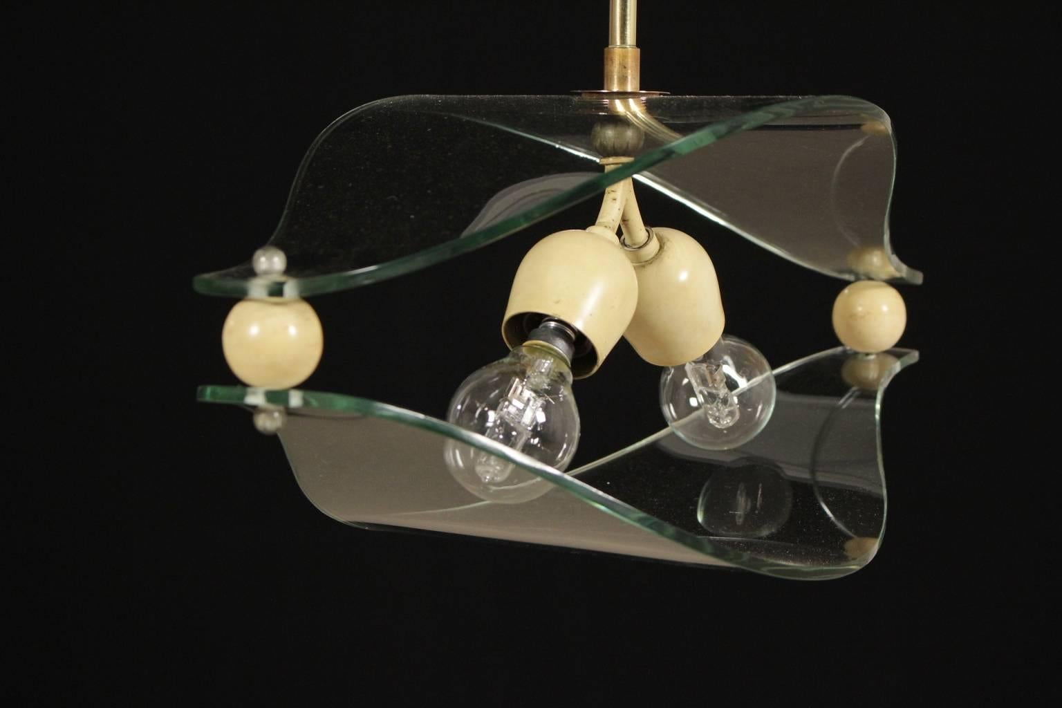 Mid-Century Modern Brass and Glass Hanging Lamp Vintage Manufactured in Italy, 1950s