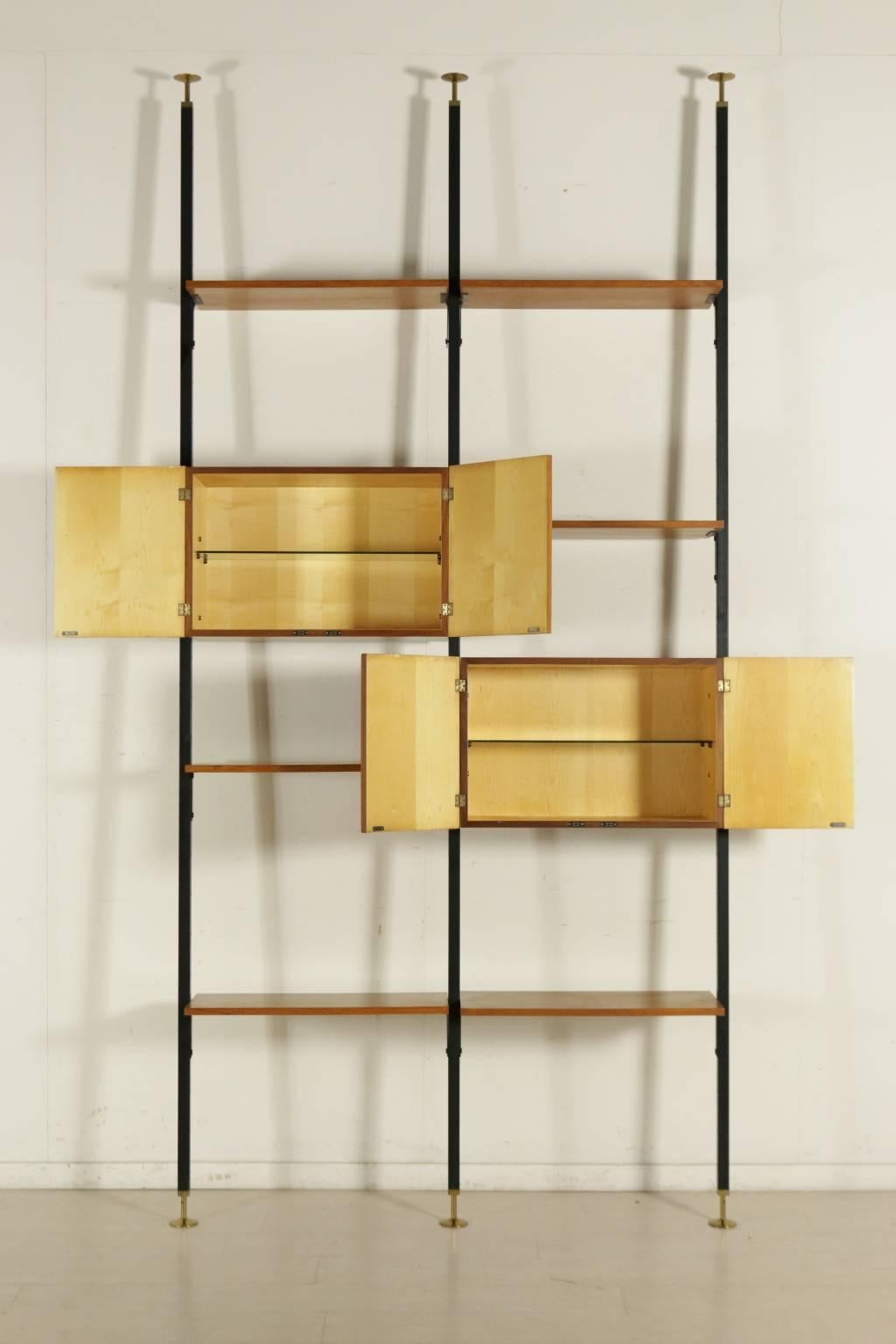 Mid-Century Modern Floor-to-Ceiling Bookcase Adjustable Elements Teak Veneer Metal Vintage, 1950s