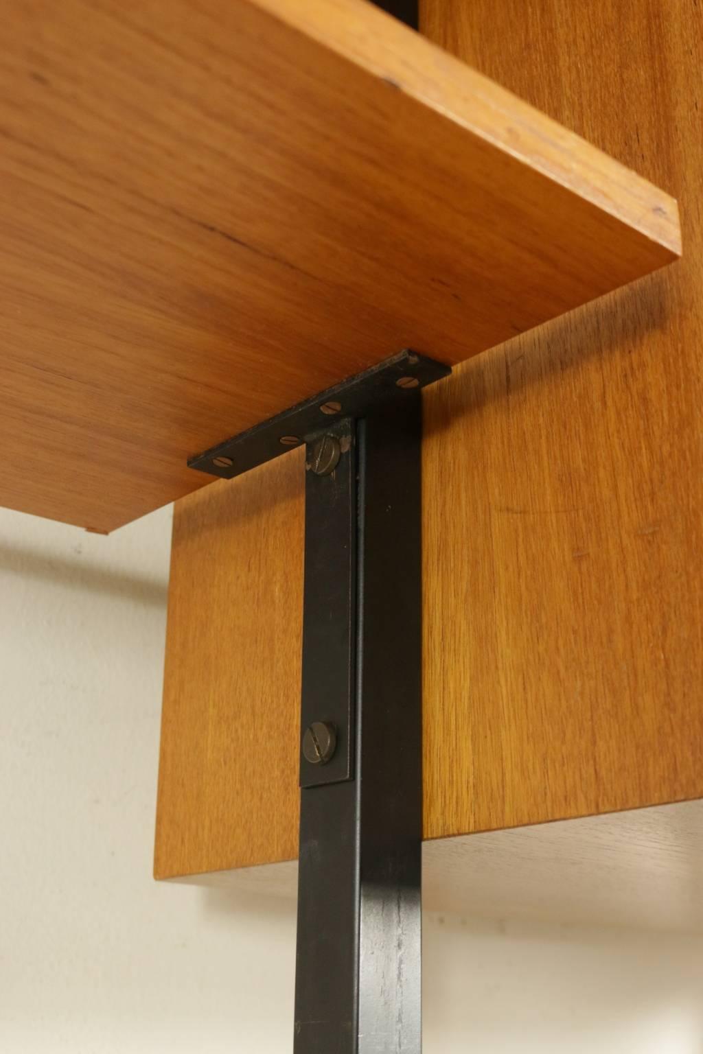 Floor-to-Ceiling Bookcase Adjustable Elements Teak Veneer Metal Vintage, 1950s 1