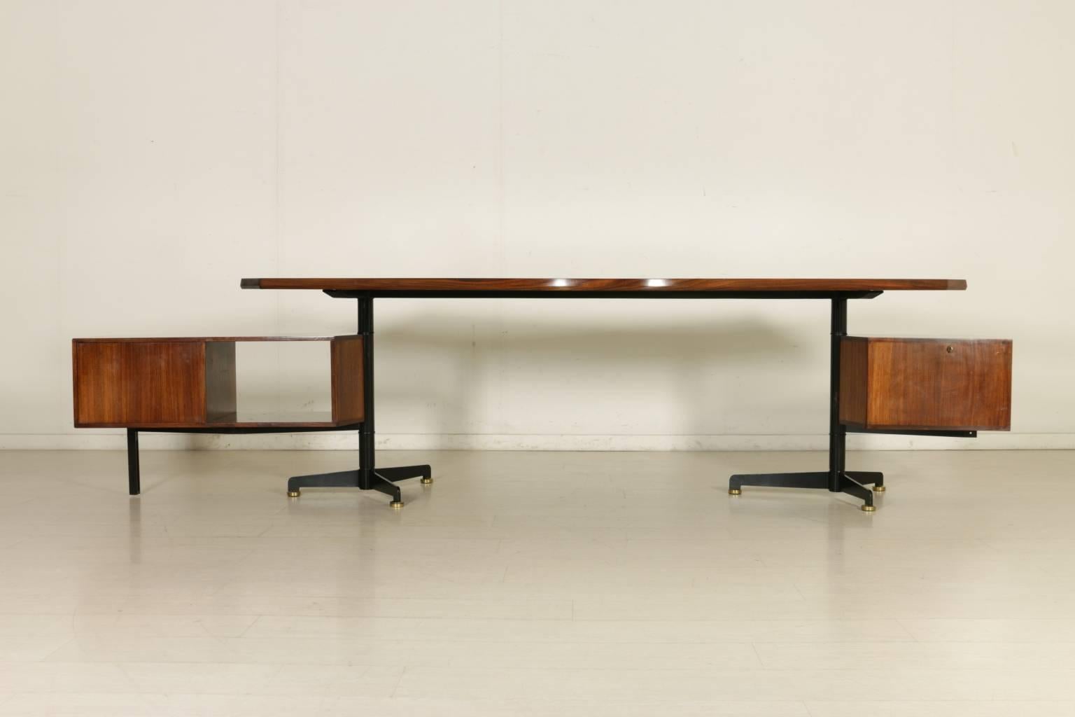 Italian Desk with Swiveling Chest of Drawers by Borsani Rosewood Veneer Lacquered Metal