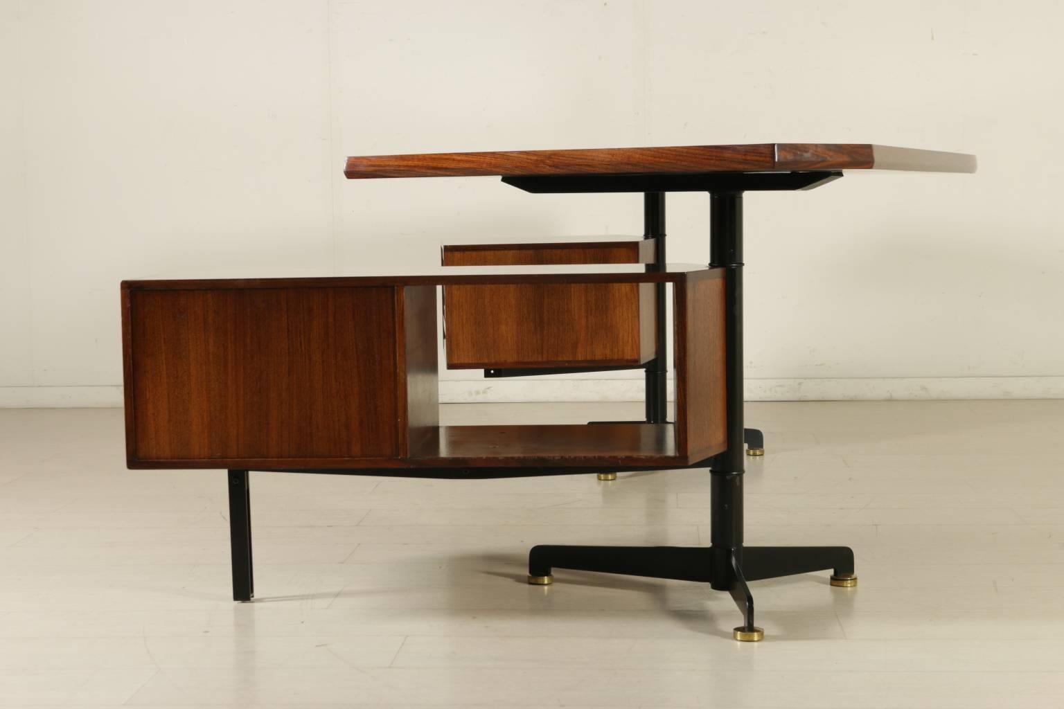 Desk with Swiveling Chest of Drawers by Borsani Rosewood Veneer Lacquered Metal In Good Condition In Milano, IT