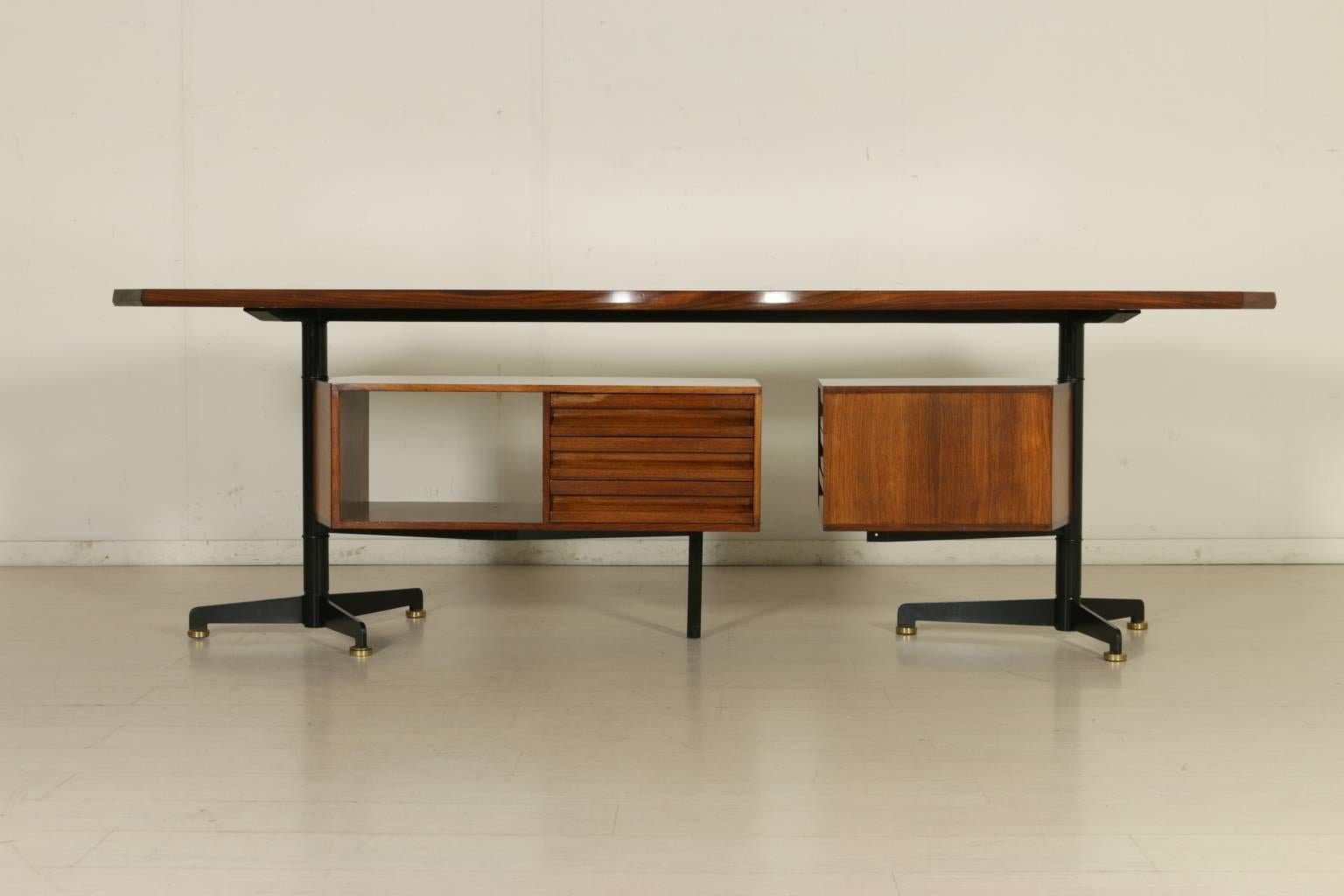 Mid-Century Modern Desk with Swiveling Chest of Drawers by Borsani Rosewood Veneer Lacquered Metal