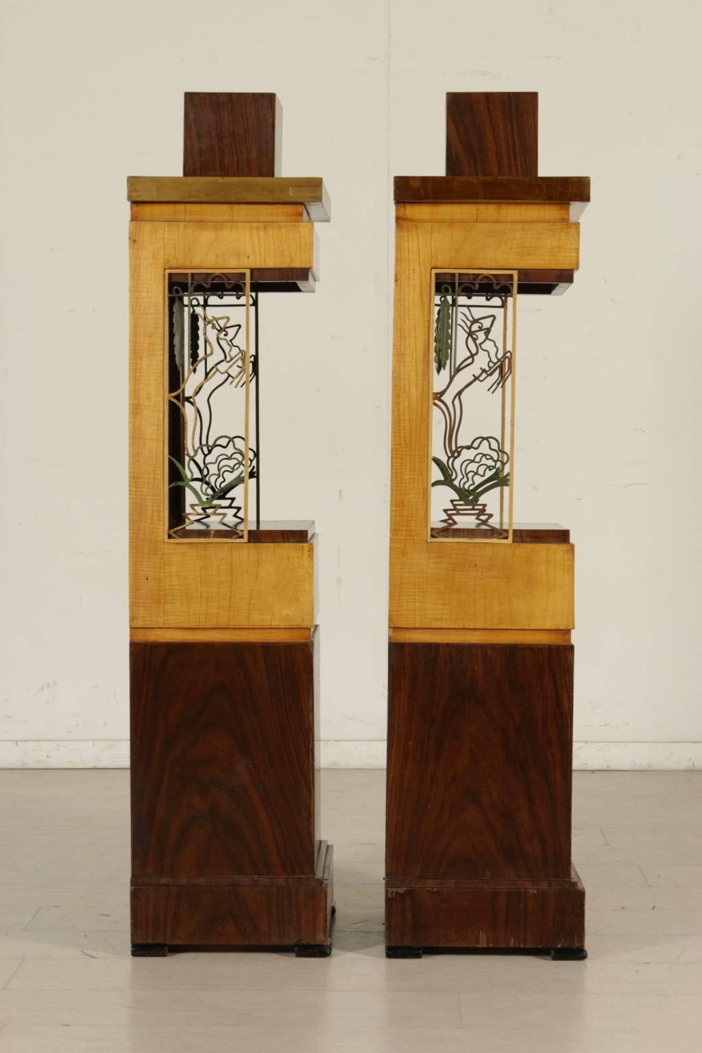 Pair of Display Columns Rosewood and Maple Veneer Iron Vintage, Italy, 1930s 3