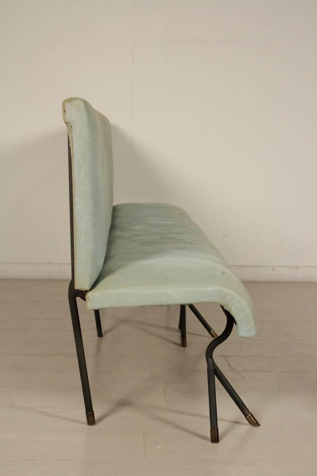 A bench, foam padding, fabric upholstery, metal legs with brass tips. Manufactured in Italy, 1950s.