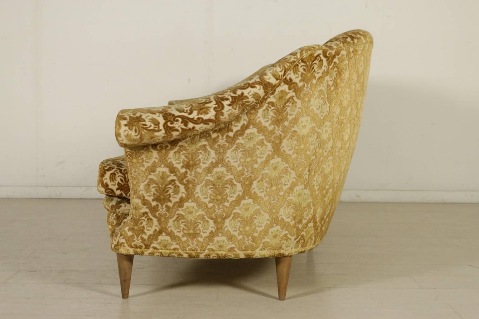 Wood Three-Seat Sofa Springs Padding Velvet Upholstery Vintage, Italy, 1940s-1950s
