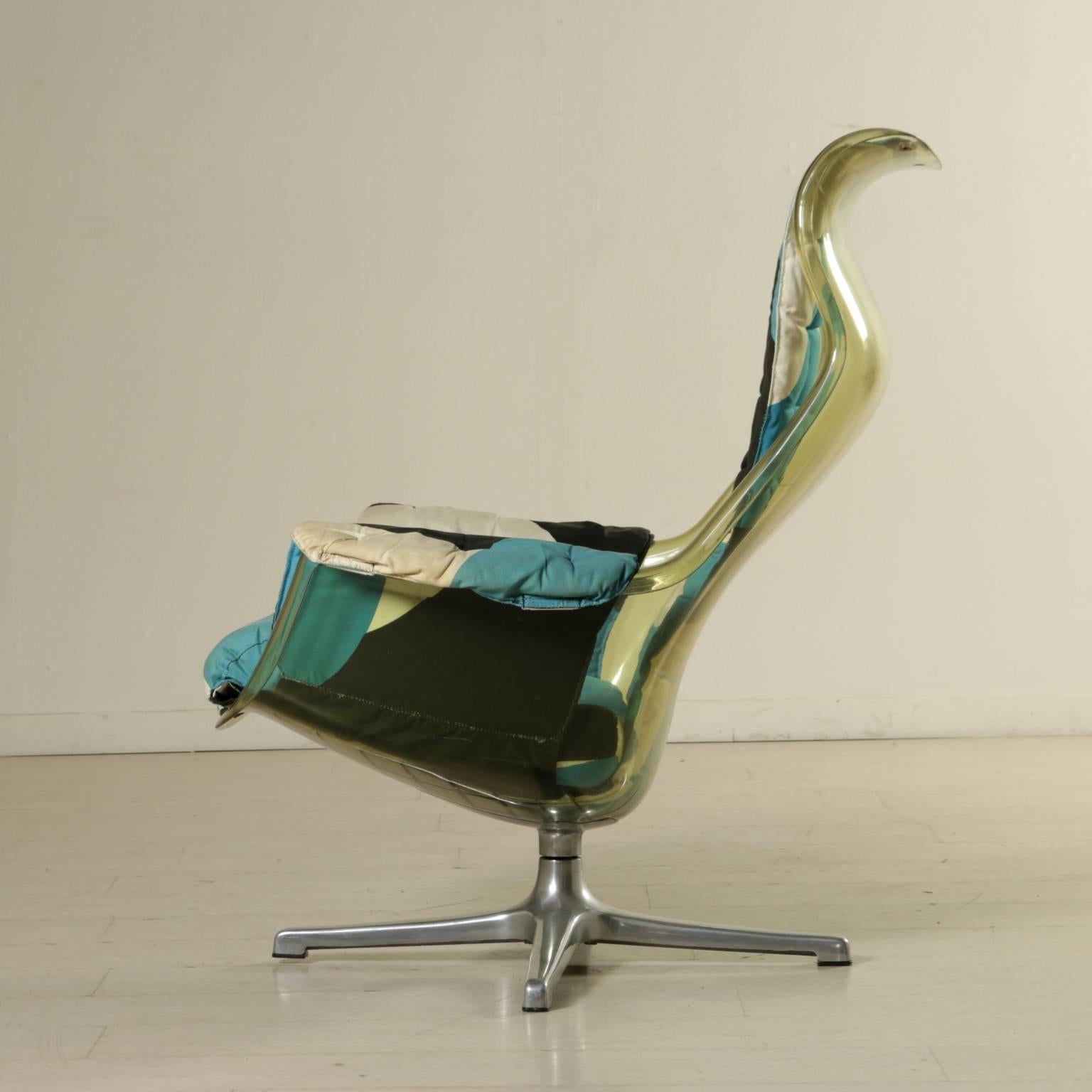 A swivel armchair, plastic structure, fabric cushion, aluminium basement. Manufactured in Italy, 1970s.