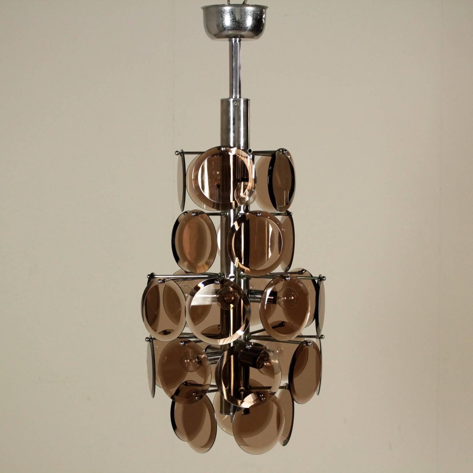 A hanging lamp, metal structure, glass discs. Manufactured in Italy, 1960s-1970s.