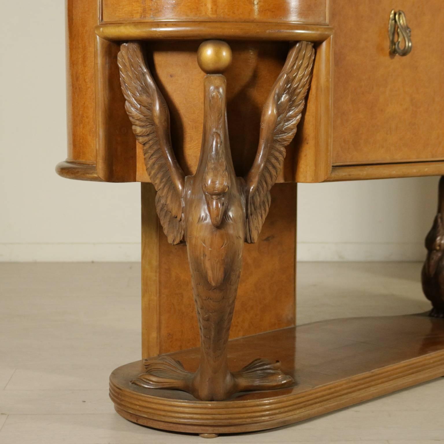 Mid-Century Modern Sideboard with Mirror Burl Veneer Carved Legs Back-Treated Glass Brass Vintage I