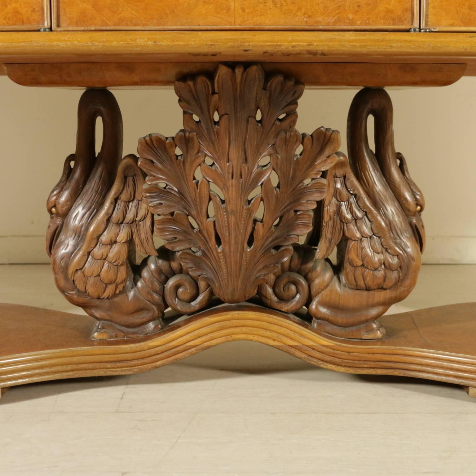 Italian Sideboard with Mirror Burl Veneer Carved Legs Back-Treated Glass Brass Vintage I