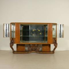 Showcase Sliding Doors Burl Veneer Carved Legs Brass Vintage, Italy, 1940s