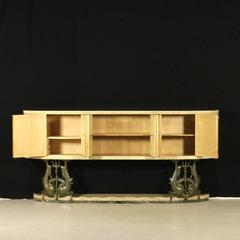 Vintage Bar Cabinet Wood Sheepskin Parchment and Marble, Italy, 1940s