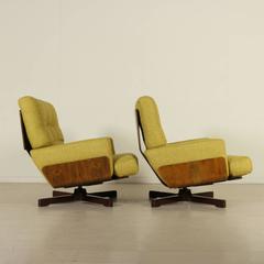 Two Swivel Armchairs Exotic Veneered Wood Foam Fabric Vintage, Italy, 1960s