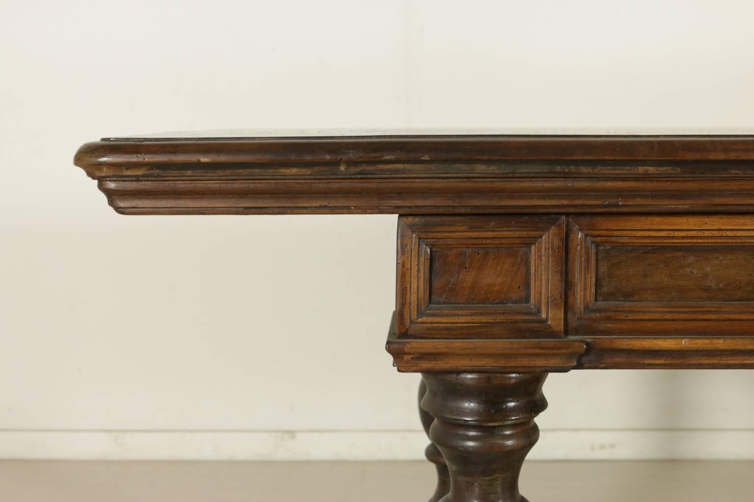 Large Walnut Table Turned Legs and Shaped Cross Stretcher, Italy, 20th Century 1
